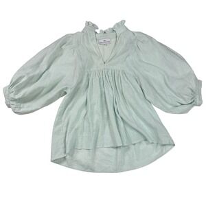 Never A Wallflower Seafoam Shimmer Metallic Blouse Ruffle Balloon Sleeve Small